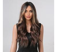 Long Wavy Ombre Chocolate Brown Wig for Women, 24'' Brown Curly Wigs Middle Part Synthetic Wigs Dark Roots Heat Resistant Hair Daily Halloween Party Cosplay