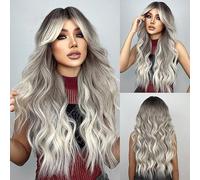 Long Wavy Ombre Grey to Silver White Wigs with Bangs for Women, 26'' Gray Curly Synthetic Wig Heat Resistant Hair for Daily Party Cosplay