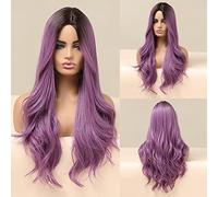 Long Wavy Ombre Purple Wigs for Women, 26" Natural Curly Wig with Dark Roots Middle Part Synthetic Hair for Halloween Daily Party Cosplay
