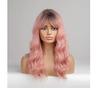 Long Wavy Pink Wigs with Curtain Bangs for Women, 18'' Curly Synthetic Wig Black Roots Heat Resistant Hair for Daily Party Cosplay