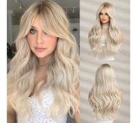 Long Wavy Platinum Blonde Wigs for Women, 26'' Natural Wavy Looking Middle Part Synthetic Wig with Brown Roots Heat Resistant Hair for Daily Party Cosplay