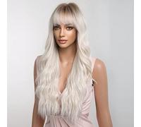 Long Wavy Silvery White Wigs with Bangs for Women, 26'' Natural Curly Synthetic Wig Brown Roots Heat Resistant Hair for Daily Party Cosplay