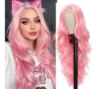 Long Wavy Wigs for Women Pastel Pink with Middle Parting 26 Inch Natural Wave Heat Resistant Wig for Halloween