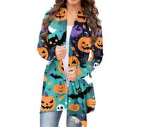 Long women's cardigan in Halloween design with open front for relaxed winter days on holidays, Mint Green, XXL