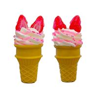 LONG XIN SERIES 2PCS Strawberry Topped Realistic Fake Ice Cream Display Non-Melting Dessert Model Pink Strawberry Sauce Sprinkles for Bakery Photography Food Staging Props Kitchen Counter Decor