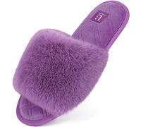 LongBay Ladies' Fluffy Faux Fur Slippers Open Toe Memory Foam House Shoes for Women Indoor Outdoor Slides Purple,3-4