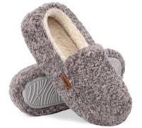 LongBay Women's Fuzzy Full Slippers Memory Foam Warm Winter House Shoes for Ladies Anti-Slip Indoor Outdoor Rubber Sole, Grey 3-4