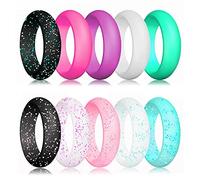 Longbeauty 10 Pack Candy Color Wedding Band for Men Women Flexible Comfort Sport Silicone Ring Black Red Blue Yellow Pink White Green Purple, silicone,