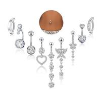 Longbeauty 14G Belly Button Piercing Set 9 Pieces Stainless Steel Belly Button Piercing Short and Long Belly Button Rings Heart Butterfly Flowers, 14G | 10MM, Stainless Steel