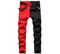 LONGBIDA Men's Slim Fit Skinny Jeans Two Tone Patchwork Designer Stretch Regular Denim Pants, Black Red, 32