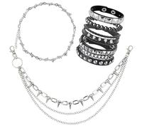 Longbitzen 6PCS Punk Style Jewelry Set with 1 Thorns Metal Barbed Wire necklace, 4 Leather Studded Bracelets, 1 Pants Chain for Men Women, Gothic Rocker Accessories, 80s 90s Outfits