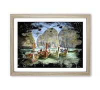 Longboats Boats TrModern OPical Island Modern CB Framed Wall Art Print, Ready to Hang Picture for Living Room Bedroom Home Office Décor, Oak A3 (46 x 34 cm)