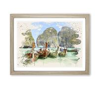 Longboats Boats TrModern OPical Island Modern FC Framed Wall Art Print, Ready to Hang Picture for Living Room Bedroom Home Office Décor, Oak A3 (46 x 34 cm)