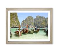 Longboats Boats Tropical Island Modern Framed Wall Art Print, Ready to Hang Picture for Living Room Bedroom Home Office Décor, Oak A4 (34 x 25 cm)