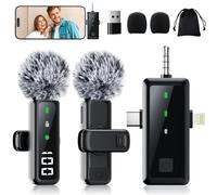 LONGCHOICEPRO Wireless Mini Microphone for iPhone - 2 Pack Lavalier Clip-on Bluetooth Microphone for Video Recording, 3 in 1 Noise Cancellation Lapel Mic for iPad, Android Devices, PC, Cameras