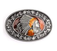 Longcreek Native American Indian Chief Belt Buckle for Men, Indian Warrior Chief Head Belt Buckle, Indian Tribal Chief Filigree Belts Buckle, Western Cowboy Belt Buckles, Punk Rock Oval belt buckle