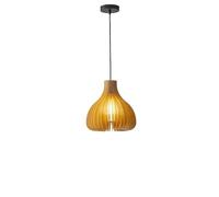 LONGDUOU Vintage Natural Wood Color Pear-Shaped Chandelier,E27 Base Single-Head Minsu Wooden Hanging Light,Indoor Adjustable Height for Kitchen Island Dining Room Bedroom Hallway Bar Living Room(M)