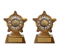 Longest Drive and Nearest the Pin Golf Trophy Award Twin Pack Premier Star Antique Gold 120mm Heavy Resin Free Engraving -troshow1-ikon