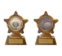 Longest Drive and Nearest the Pin Golf Trophy Award Twin Pack Premier Star Antique Gold 120mm Heavy Resin Free Engraving -troshow1-trd