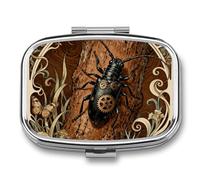 Longhorn Beetle Bark Pill Box 2 Compartments Portable Travel Pill Case Mini Medicine Organizer for Pocket Purse Metal Waterproof Medicine Container Holder Vitamin Fish Oil