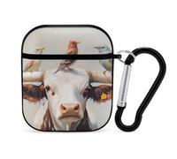 Longhorn Cow with Birds Trendy Bluetooth Earbuds Protector Cute Wireless Earbud Case Covers Compatible with Airpods 1/2