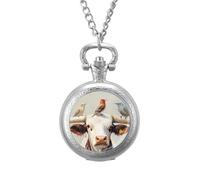 Longhorn Cow with Birds Vintage Pocket Watches Roman Numerals Quaretz Watch with Chain Christmas Birthday Gifts Silver-Style