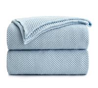 Longhui bedding 100% Cotton Light Blue Cable Knit Throw Blanket for Couch Sofa Bed Home Décor - Lightweight 50“ x 60”, Bonus Laundering Bag, Machine Washable