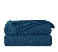 Longhui bedding Blue Knitted Throw Blanket for Couch - Soft, Cozy Machine Washable 100% Cotton Sofa Knit Blankets, Heavy 3.0lb Weight, 51 x 63 Inches, Laundry Bag Included