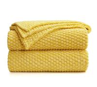 Longhui bedding Bright Yellow Knitted Throw Blanket for Couch, Soft, Cozy Machine Washable 100% Cotton Sofa Knit Blankets, Heavy 3.0lb Weight, 51 x 63 Inches, Yellow and White Color