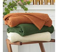 Longhui bedding Chunky Cable Knit Throw Blanket Lightweight Olive Green 100% Organic Cotton Blanket for Sofa Couch Bed Baby Nursery, Rustic Shabby Chic Modern Farmhouse, 51” x 63” Give Laundering Bag