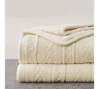 Longhui bedding Cream 50 x 63 Inches Acrylic Cable Knit Sherpa Throw Blanket - Thick, Soft, Big, Cozy Beige Knitted Fleece Blankets for Couch, Sofa, Bed - Large Coverlet All Season
