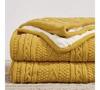 Longhui bedding Mustard Yellow 50 x 63 Inches Acrylic Cable Knit Sherpa Throw Blanket - Thick, Soft, Big, Cozy Yellow Knitted Fleece Blankets for Couch, Sofa, Bed - Large Yellow Coverlet All Season