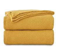Longhui Bedding, Mustard Yellow Cotton Cable Knit Blanket for Couch, Sofa and Bed - Lightweight Decorative Knitted Blanket with Bonus Wash Bag, 60" x 80", Machine Washable