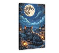 Longing for The Moon Art Cat Canvas Poster Bedroom Decor Landscape Office Room Decor Gift 20x30inch(50x75cm)