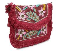 LONGING TO BUY Beaded Foldover Clutch with Fringe Detail, Floral Embroidered Crossbody Bag, Handcrafted Woven Design, Light Maroon, One Size