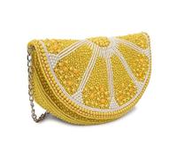 LONGING TO BUY Beaded Lemon Slice Clutch Purse, Yellow Evening Bag with Chain Strap, Novelty Fruit Design Beige