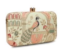 LONGING TO BUY Designer Box Clutch Embroidery Hand Clutch Peacock-Light Green Peacock-light Green 8 inches x 4 inches x 2 inches