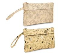 LONGING TO BUY Embroidered Cosmetic Pouch, Floral Bird Pattern, Vintage Style Makeup Bag with Zipper, Combo Pack in Multi-Color, Dark Golden & Light Golden, Vintage Floral