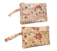 LONGING TO BUY Embroidered Cosmetic Pouch, Floral Bird Pattern, Vintage Style Makeup Bag with Zipper, Combo Pack in Multi-Color, Cream & Golden, Vintage Floral
