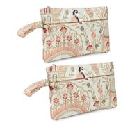 LONGING TO BUY Embroidered Cosmetic Pouch, Floral Bird Pattern, Vintage Style Makeup Bag with Zipper, Combo Pack in Multi-Color, Sky Blue, Vintage Floral