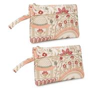 LONGING TO BUY Embroidered Cosmetic Pouch, Floral Bird Pattern, Vintage Style Makeup Bag with Zipper, Combo Pack in Multi-Color, Cream, Vintage Floral