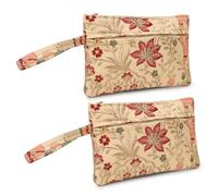 LONGING TO BUY Embroidered Cosmetic Pouch, Floral Bird Pattern, Vintage Style Makeup Bag with Zipper, Combo Pack in Multi-Color, Golden, Vintage Floral