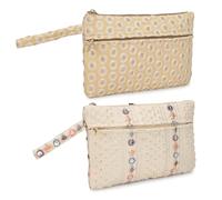 LONGING TO BUY Embroidered Cosmetic Pouch, Floral Bird Pattern, Vintage Style Makeup Bag with Zipper, Combo Pack in Multi-Color, Golden & Cream, Vintage Floral