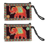 LONGING TO BUY Embroidered Elephant Coin Pouch with Cotton Wristlet, Multicolored Thread Embrodiery, 7.5x4.5 Inch, 2 Pack (Purple)