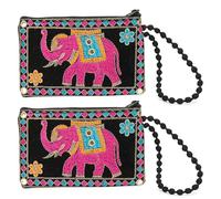 LONGING TO BUY Embroidered Elephant Coin Pouch with Cotton Wristlet, Multicolored Thread Embrodiery, 7.5x4.5 Inch, 2 Pack (Black)