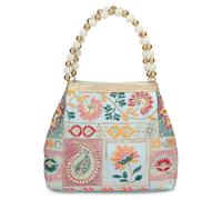 LONGING TO BUY Embroidered Floral Potli Bag with Pearl Beaded Handle, Multicolor Patchwork Design, Gold Trim, 22x19x10 cm Sky Blue Medium