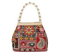 LONGING TO BUY Embroidered Floral Potli Bag with Pearl Beaded Handle, Multicolor Patchwork Design, Gold Trim, 22x19x10 cm Maroon Medium