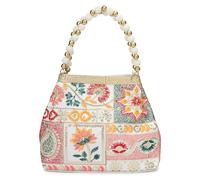 LONGING TO BUY Embroidered Floral Potli Bag with Pearl Beaded Handle, Multicolor Patchwork Design, Gold Trim, 22x19x10 cm White Medium