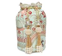 LONGING TO BUY Embroidered Potli Bag with Beaded Handle, Floral Peacock Design, Drawstring Wristlet with Tassel Accents, Sky Blue, One Size