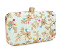 LONGING TO BUY Hand Crafted Designer Box Clutch - Zari Embroidery For Women, Sky Blue Multi